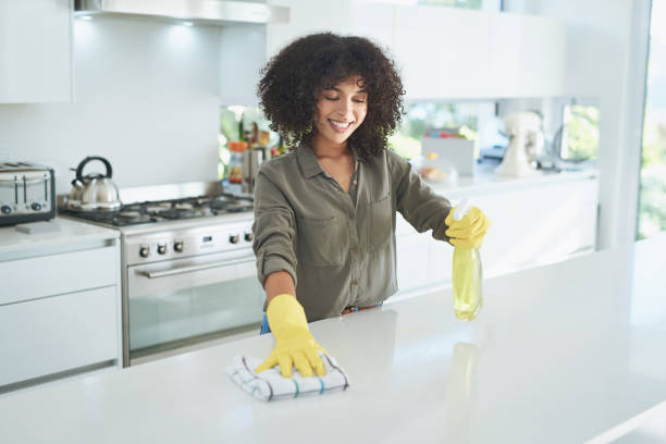 Shot of a young woman cleaning a kitchen counter at home